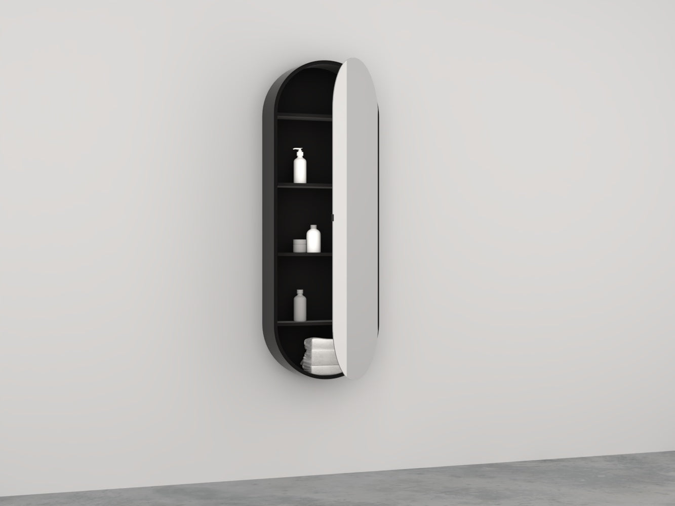 Cielo Arcadia Elio Slim Specchio 50x145 Con Contenitore Nero Opaco con lavabo e rubinetteria, vista frontale su sfondo neutro