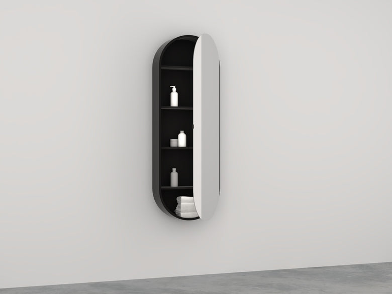 Cielo Arcadia Elio Slim Specchio 50x145 Con Contenitore Nero Opaco con lavabo e rubinetteria, vista frontale su sfondo neutro