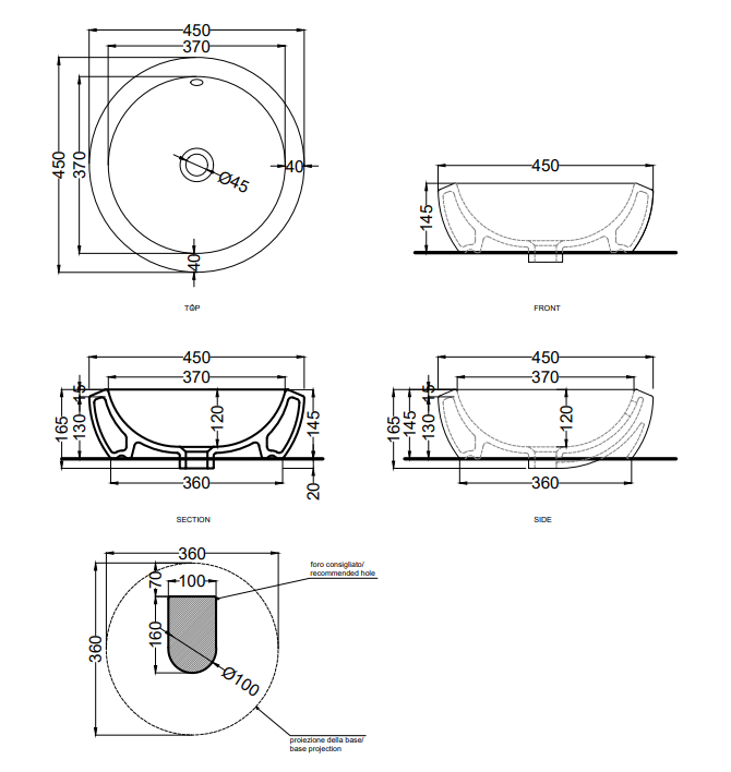 Cielo Fluid Lavabo 45 Cm Da Appoggio Senza Foro Con, vista frontale su sfondo bianco