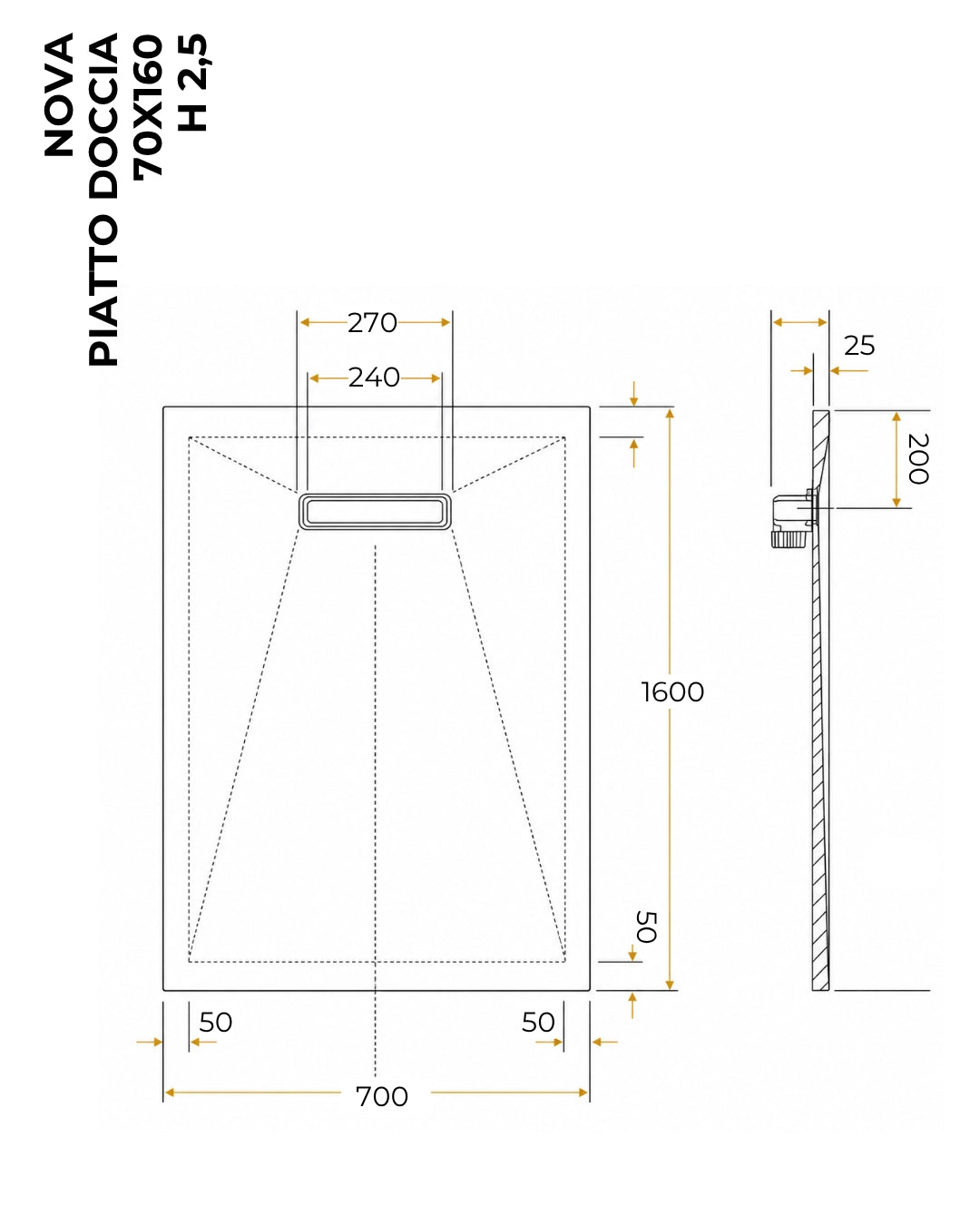 Nova Piatto Doccia 70x160 effetto pietra piletta alta capacita Bianco Nova