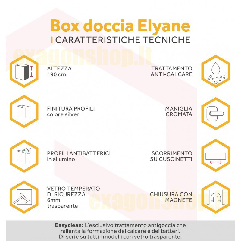 Schema tecnico di Novellini Elyane 2p Box doccia 140-146 cm a nicchia con misure e configurazione