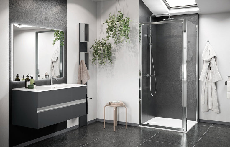 Novellini Lunes 2.0 G Box doccia 80x100 un battente in out Vetro Trasparente in bagno completo, vista d'insieme dell'ambiente