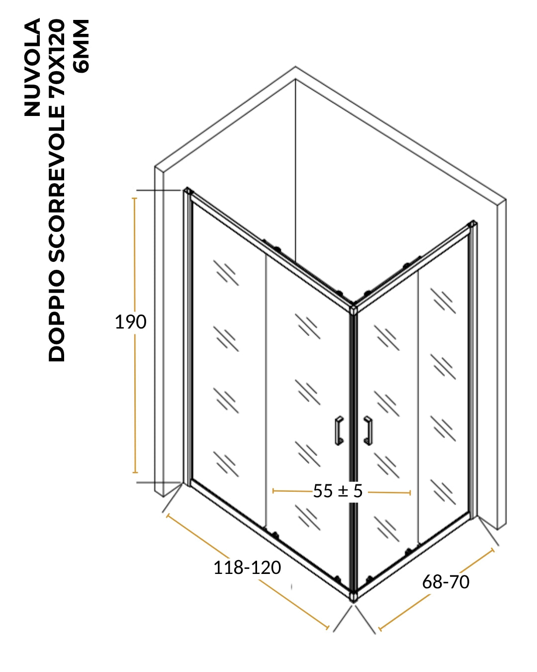 Box doccia 70x120 Nuvola 2 ante scorrevoli reversibile trasparente 6 mm H 190 cromo