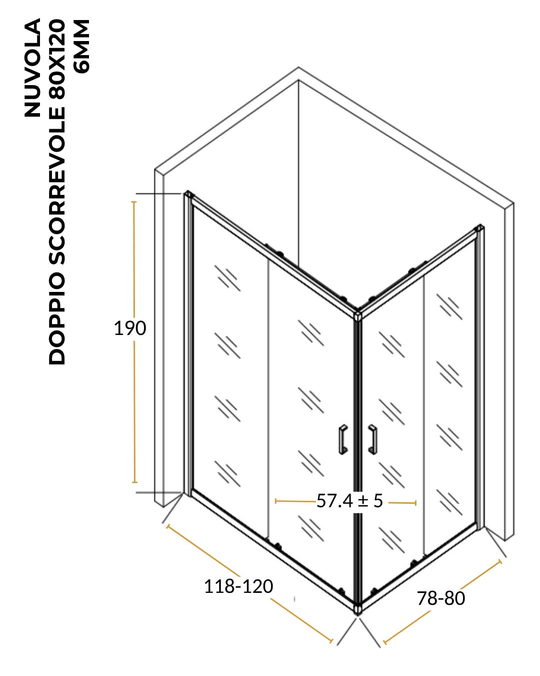Box doccia 80x120 Nuvola due scorrevoli reversibile trasparente 6 mm H 190 cromo