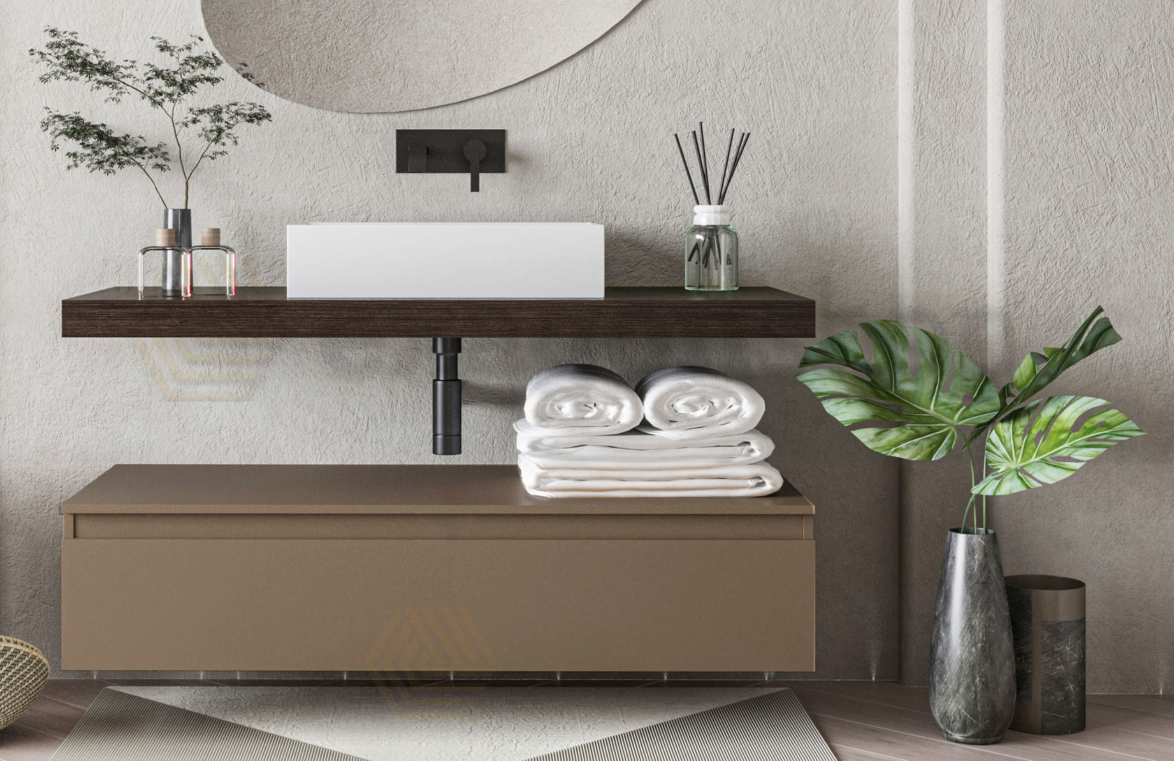 Mobile bagno caffe creta opaco 120x50 Oasy con top e lavabo, vista laterale della struttura sospesa - Exagonshop
