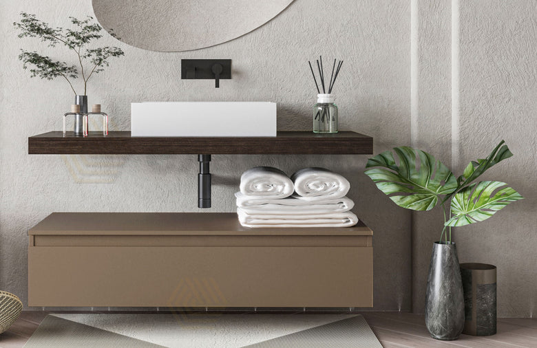 Mobile bagno caffe creta opaco 120x50 Oasy con top e lavabo, vista laterale della struttura sospesa - Exagonshop