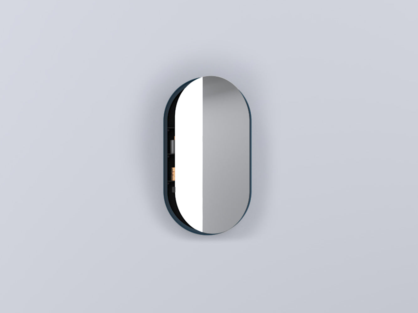 Cielo I Catini Oval Box Specchio 50x90 Contenitore Laccata Blu con lavabo e rubinetteria, vista frontale su sfondo neutro