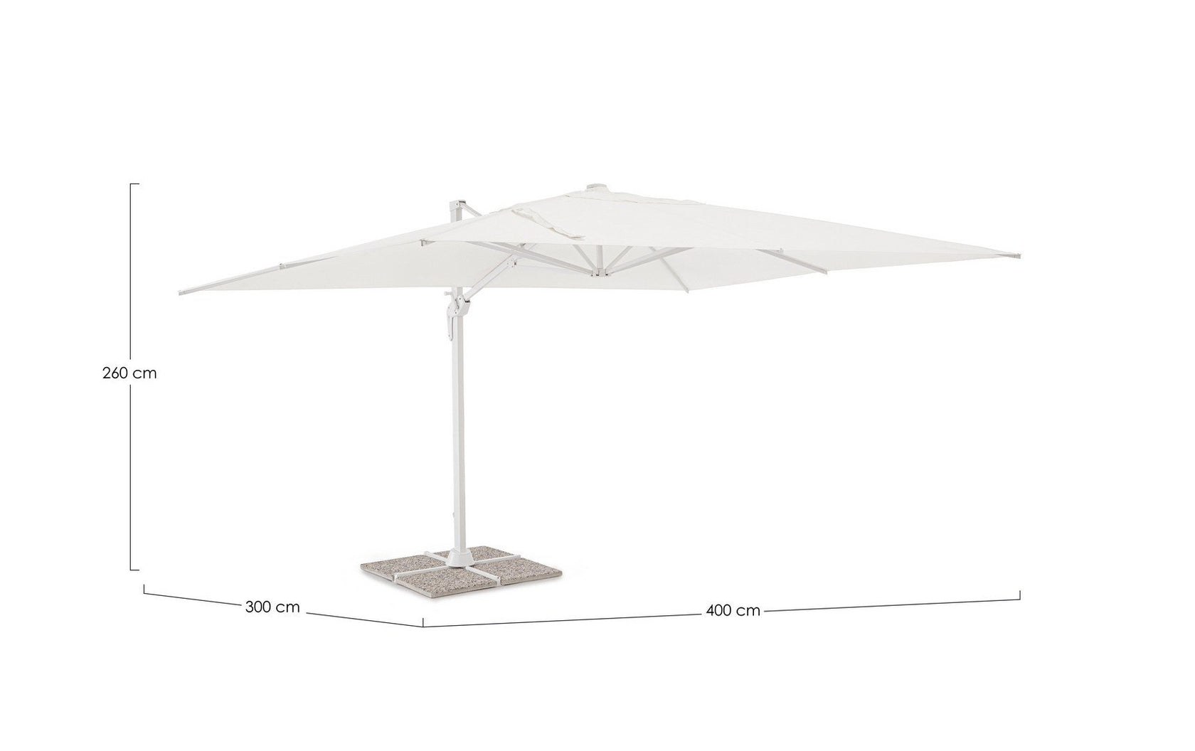 Andrea Bizzotto Vega ombrellone 3x4 inclinabile bianco ambientato in spazio living con arredi coordinati
