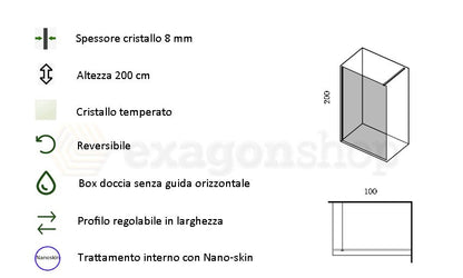 Walk in parete doccia fissa 100 cm H 200 spessore 8 mm in cristallo trasparente profili oro rosa Genio
