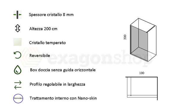 Walk in parete doccia fissa 100 cm H 200 spessore 8 mm in cristallo trasparente profili oro rosa Genio