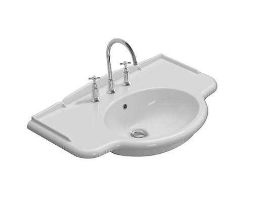 Globo Paestum Lavabo 90x56 installazione sospesa o su in ceramica e lucido ambientato su piano bagno con accessori...