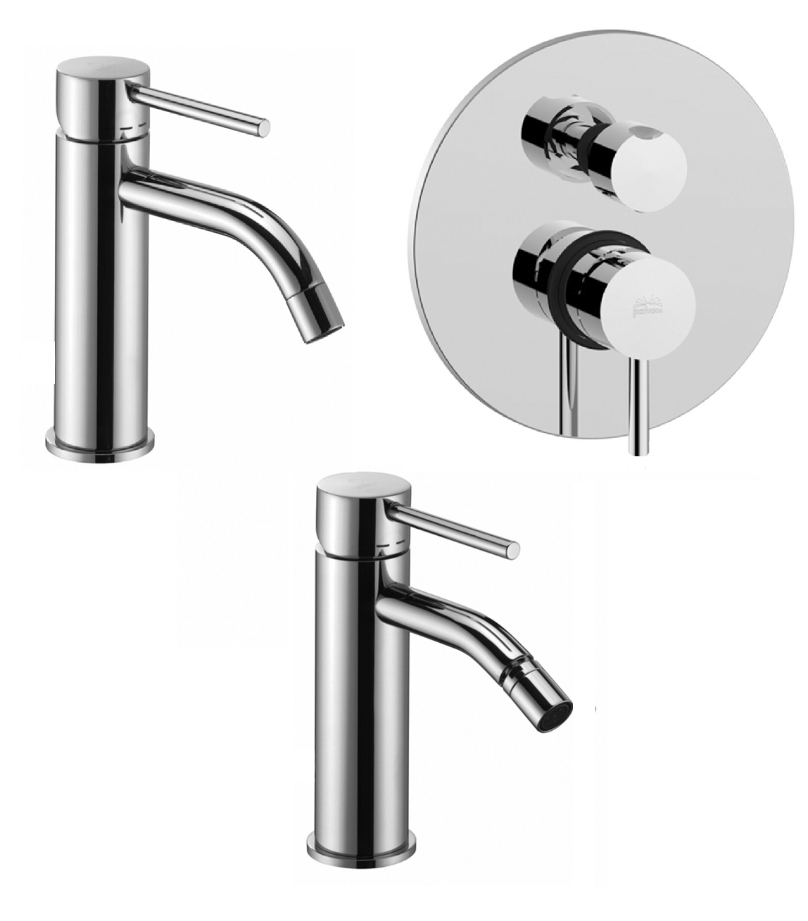 Paffoni light set miscelatori lavabo bidet senza scarico e Cromo Lucido visto dall'alto con superficie e piletta di scarico