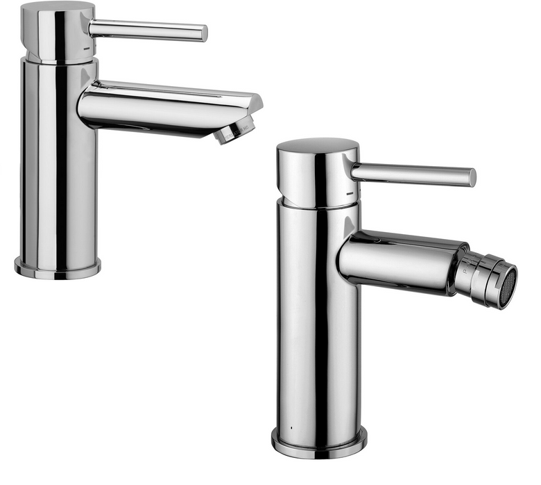 Paffoni stick coppia miscelatori lavabo alto e bidet senza Cromo Lucido visto dall'alto con scarico e interno visibili