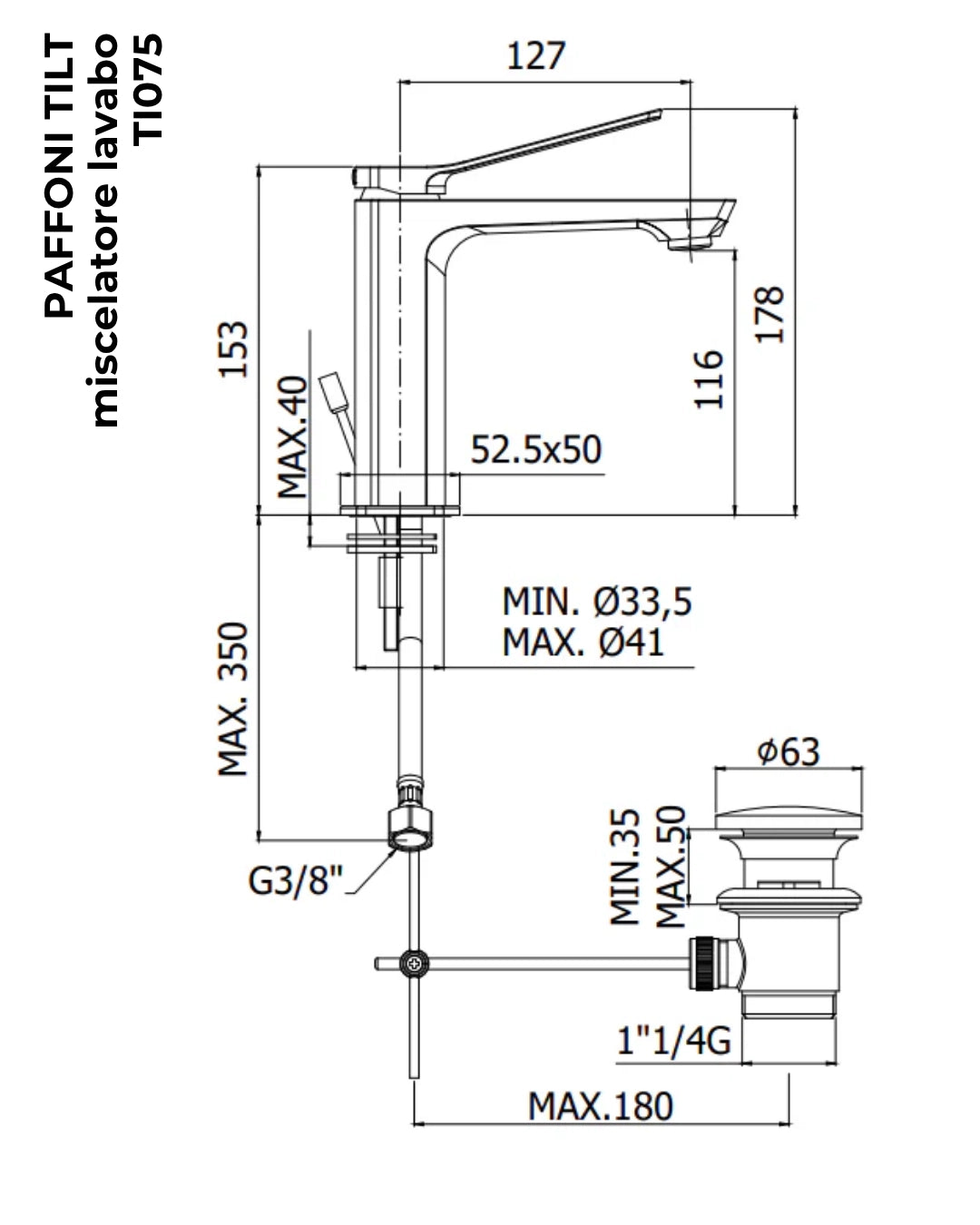 Paffoni Tilt Ti075no Miscelatore Lavabo Con Scarico Nero Opaco