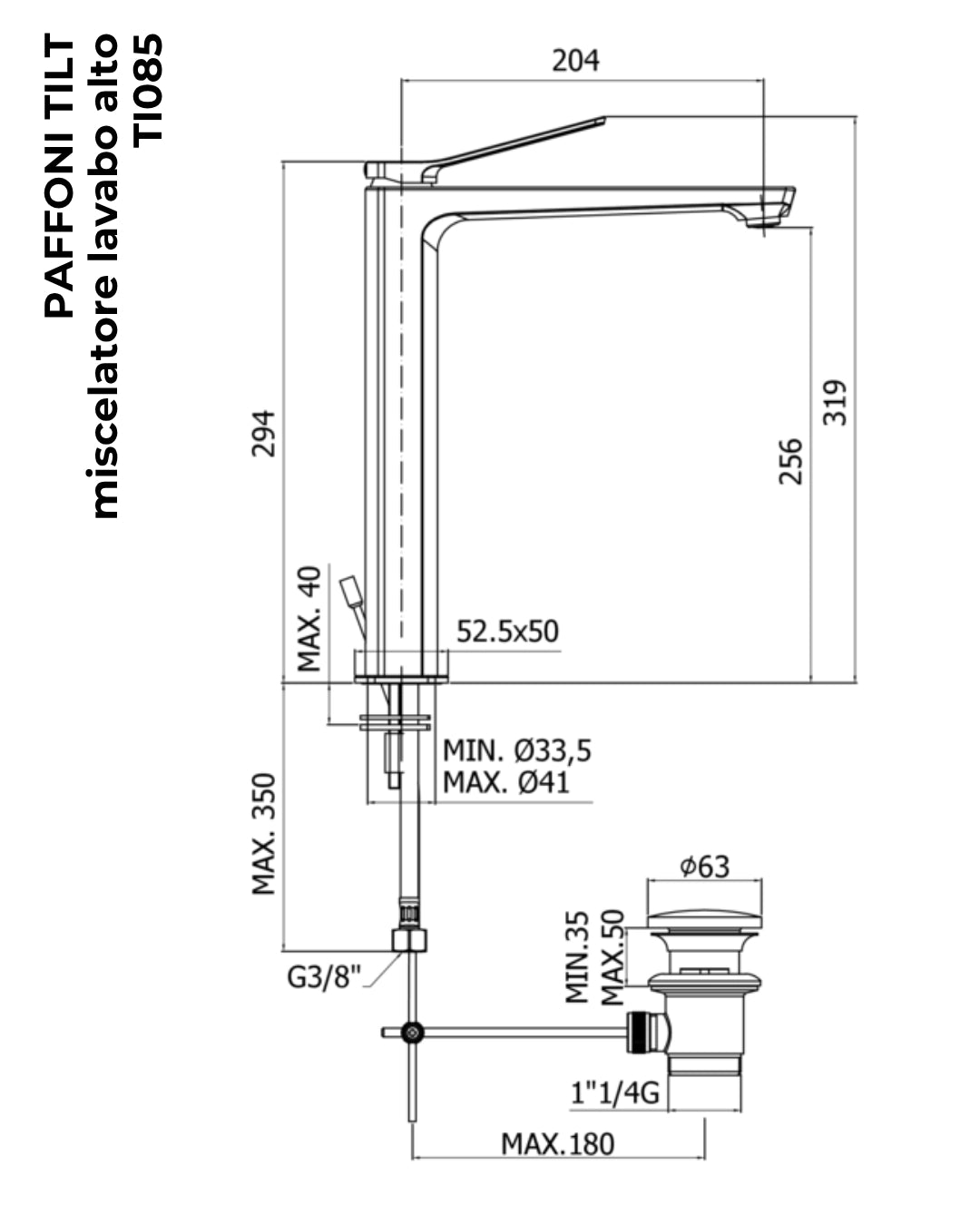 Paffoni Tilt Ti085no Miscelatore Lavabo alto Prolungato Con Scarico Nero Opaco