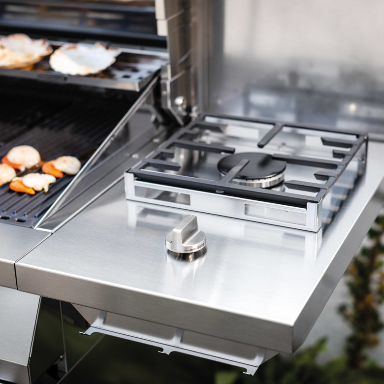 Palazzetti Alain barbecue a gas tre griglie con ruote Acciaio accesa in soggiorno, fiamma visibile attraverso il vetro