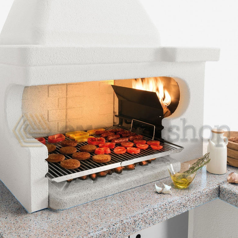 Palazzetti Tropea 4 barbecue a legna piano in Marmotech, vista laterale che mostra profilo e dimensioni