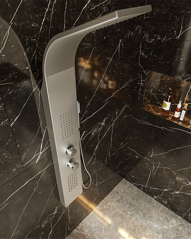 Pannello doccia idromassaggio Ibiza in alluminio silver, componenti inclusi smontati: corpo incasso, placca e rosone...
