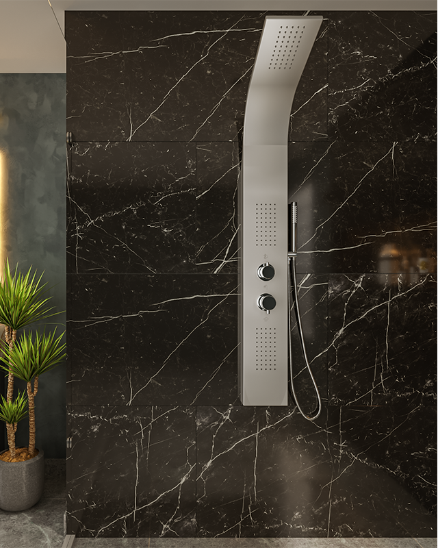 Pannello doccia idromassaggio Ibiza in alluminio silver, dettaglio ravvicinato della finitura e del marchio - Exagonshop