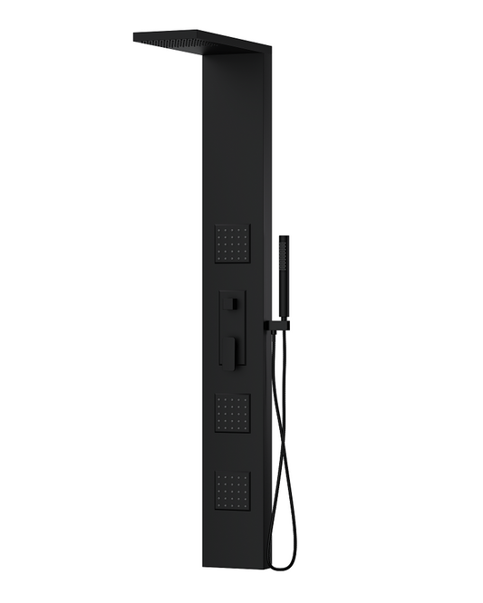 Pannello doccia idromassaggio Ibiza quadro in alluminio nero, vista laterale del profilo - Exagonshop