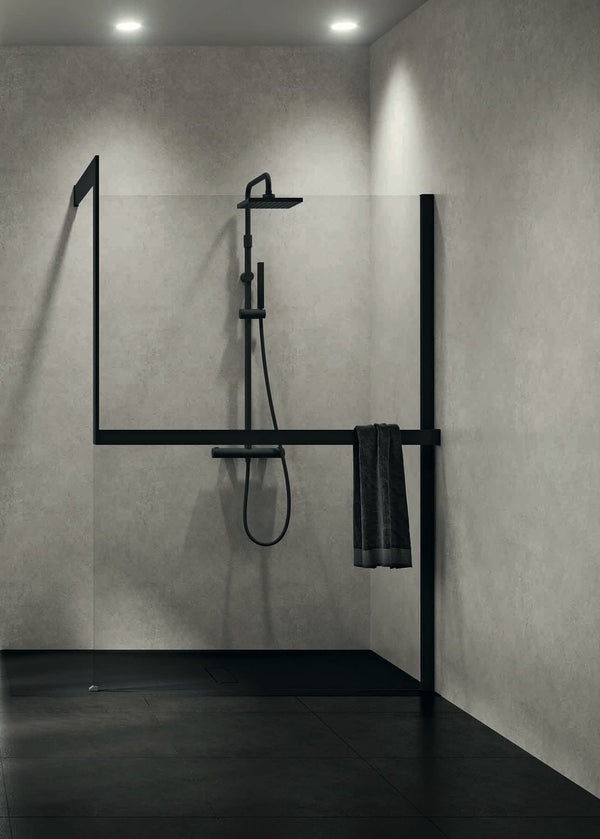 Parete doccia fissa walk in 117/120 con portasalviette esterno e barra a parete H. 200 nero opaco Kuandra H kit frame Novellini