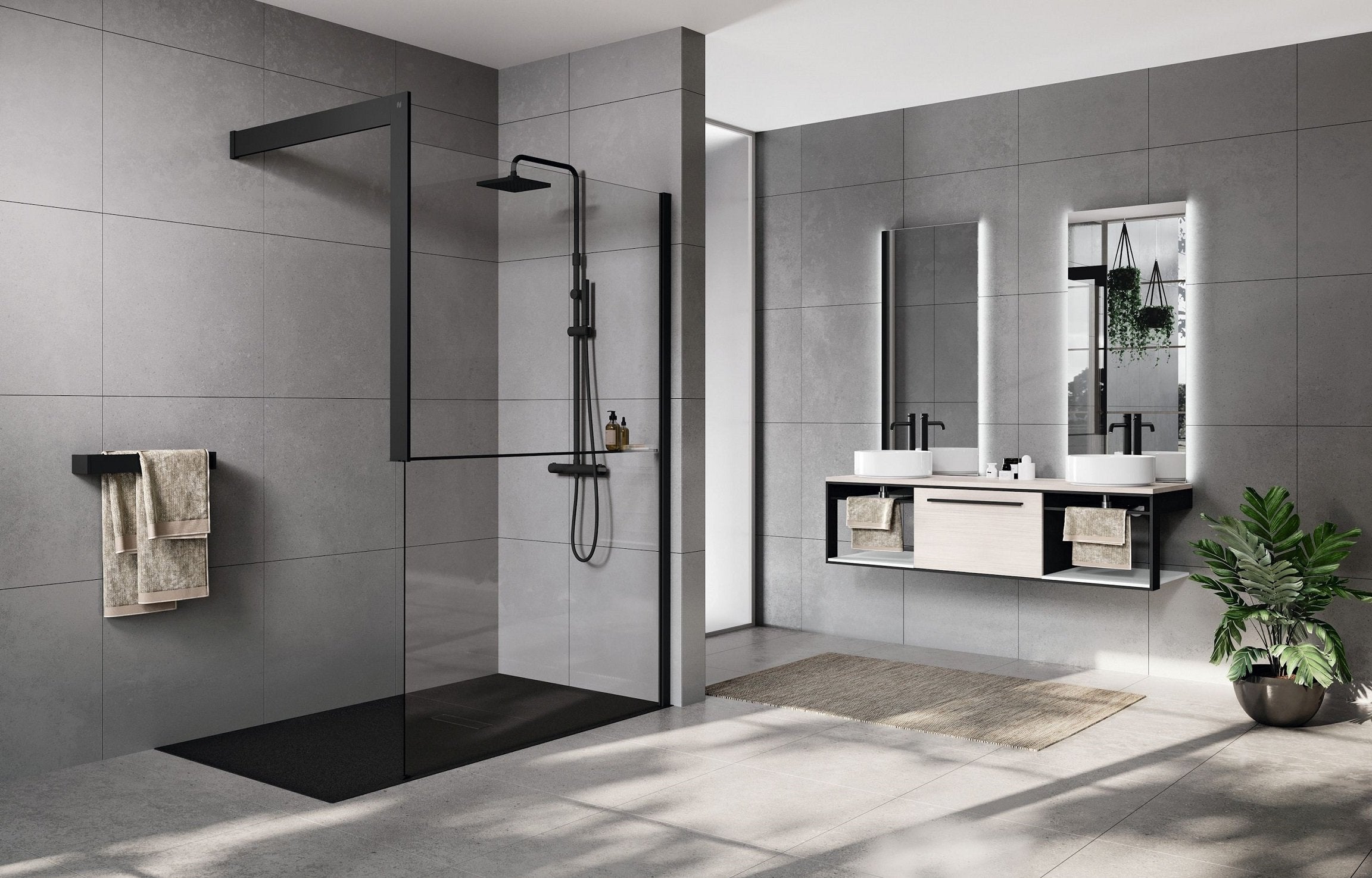 Novellini Kuandra H Parete doccia 117 a 120 cm H 200 nero installato in bagno moderno con ante in vetro temperato