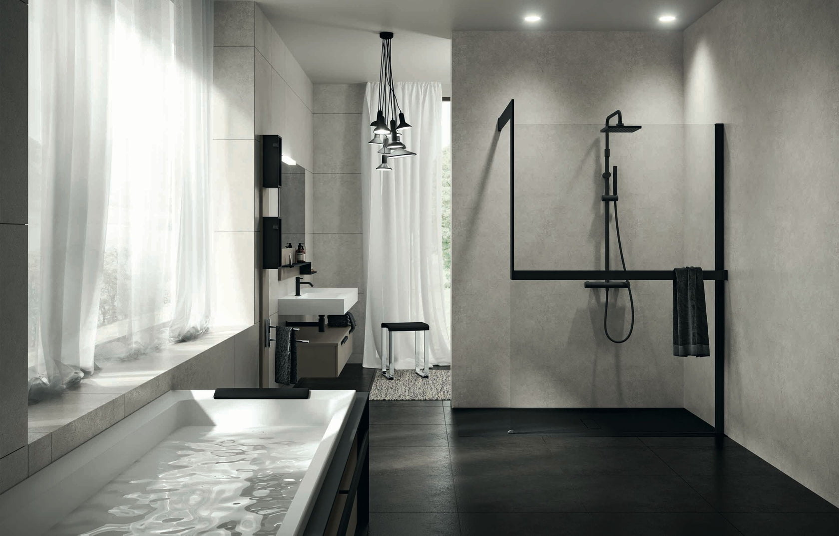 Novellini Kuandra H Parete doccia 117 a 120 cm H 200 nero installato in bagno moderno con ante in vetro temperato