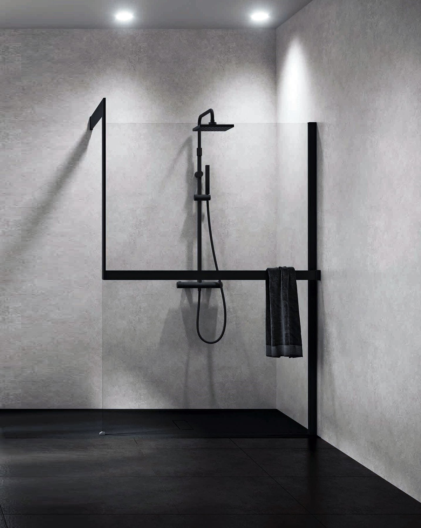 Novellini Kuandra H Parete doccia 117 a 120 cm H 200 nero in bagno completo, vista d'insieme dell'ambiente