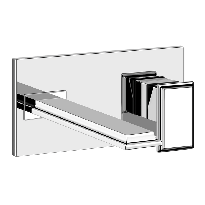 Gessi Elenganza Parte esterna miscelatore a parete bocca Cromo Lucido ambientato su piano bagno con accessori