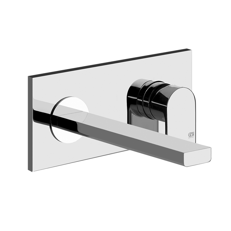 Gessi Via manzoni Parte esterna miscelatore a parete bocca Cromo Lucido ambientato su piano bagno con accessori