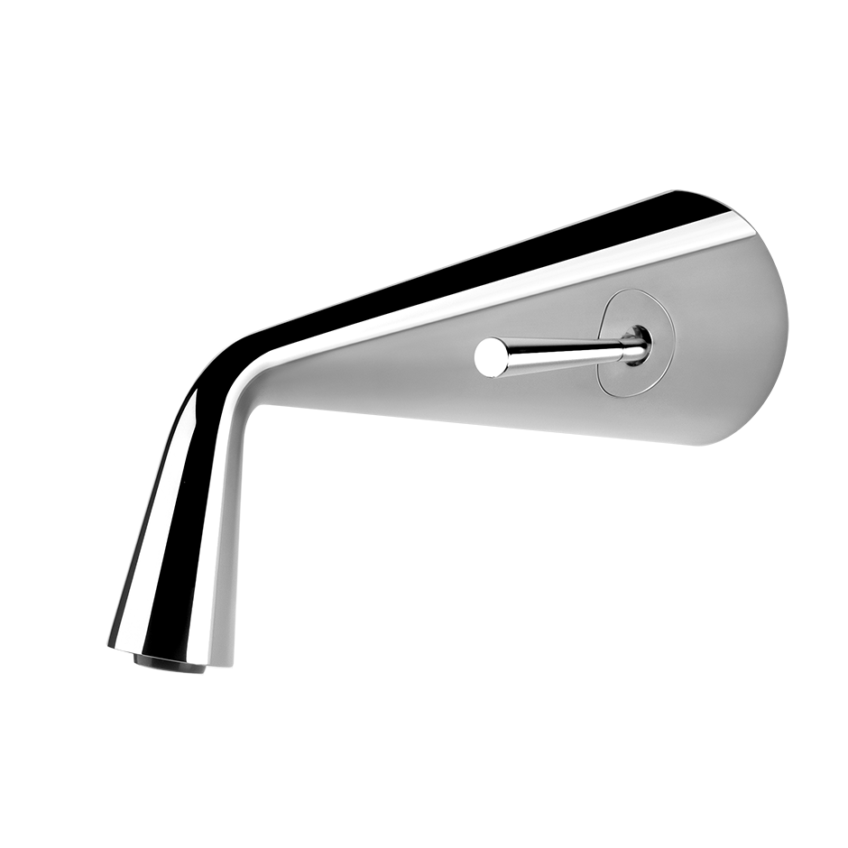 Gessi Cono Parte esterna miscelatore lavabo a parete parte Cromo Lucido ambientato su piano bagno con accessori