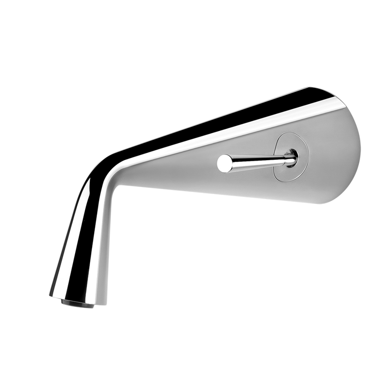 Gessi Cono Parte esterna miscelatore lavabo a parete parte Cromo Lucido ambientato su piano bagno con accessori