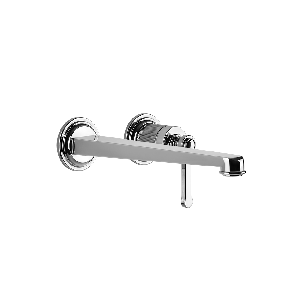 Gessi Parte esterna miscelatore lavabo a parete parte Cromo Lucido ambientato su piano bagno con accessori