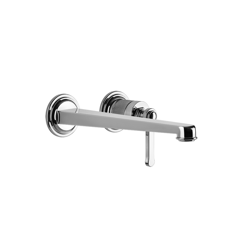 Gessi Parte esterna miscelatore lavabo a parete parte Cromo Lucido ambientato su piano bagno con accessori