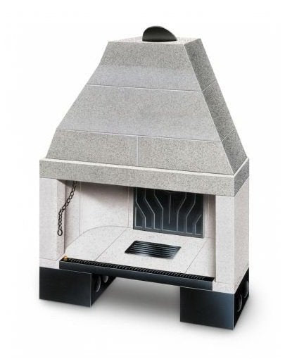 Palazzetti Patio 116 R Focolare in ghisa con cassetto Gray accesa in soggiorno, fiamma visibile attraverso il vetro