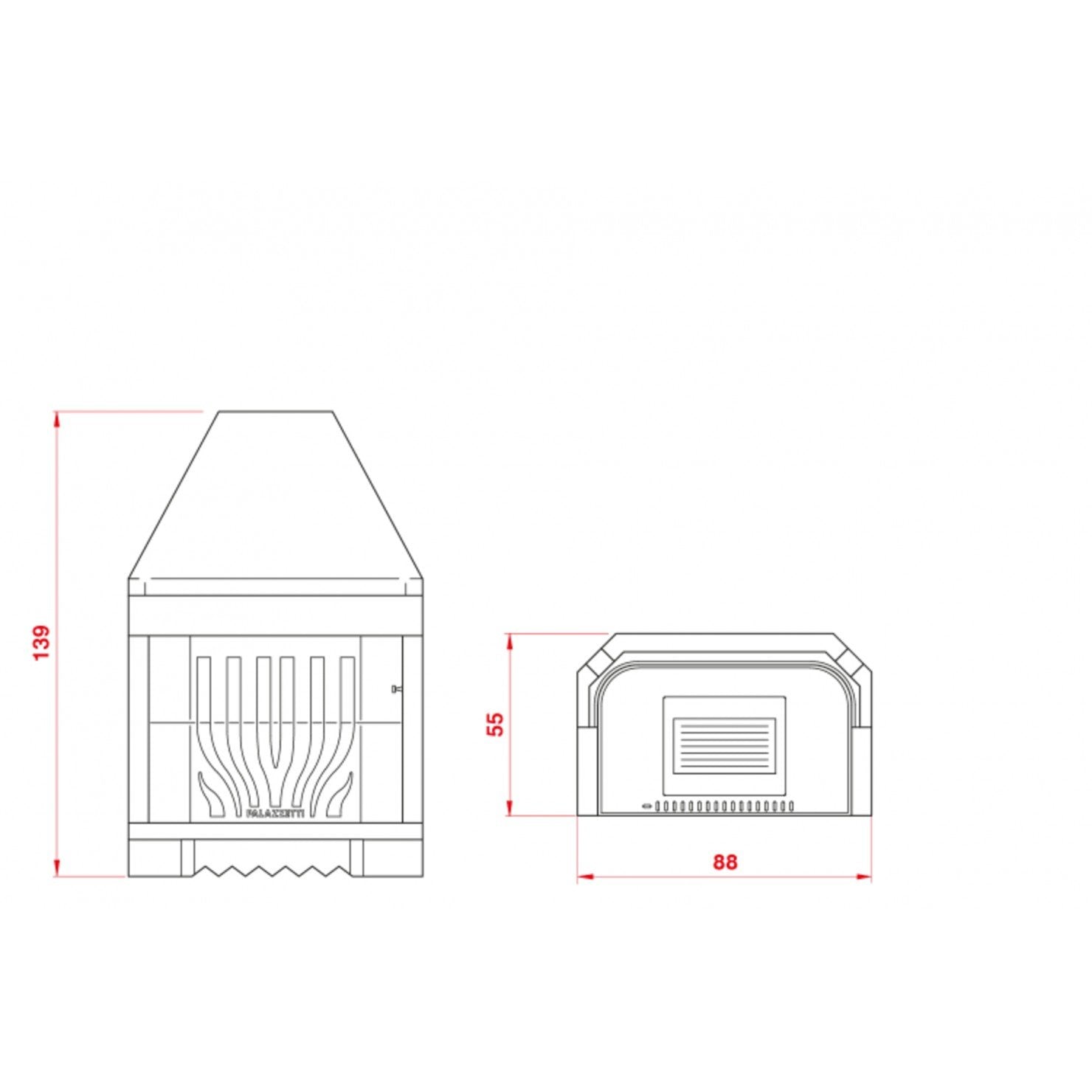 Palazzetti Patio 78 G Focolare in ghisa con cassetto cenere Gray, vista laterale che mostra profilo e dimensioni