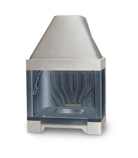 Palazzetti Patio 78 G Focolare in ghisa con cassetto cenere Gray accesa in soggiorno, fiamma visibile attraverso il vetro