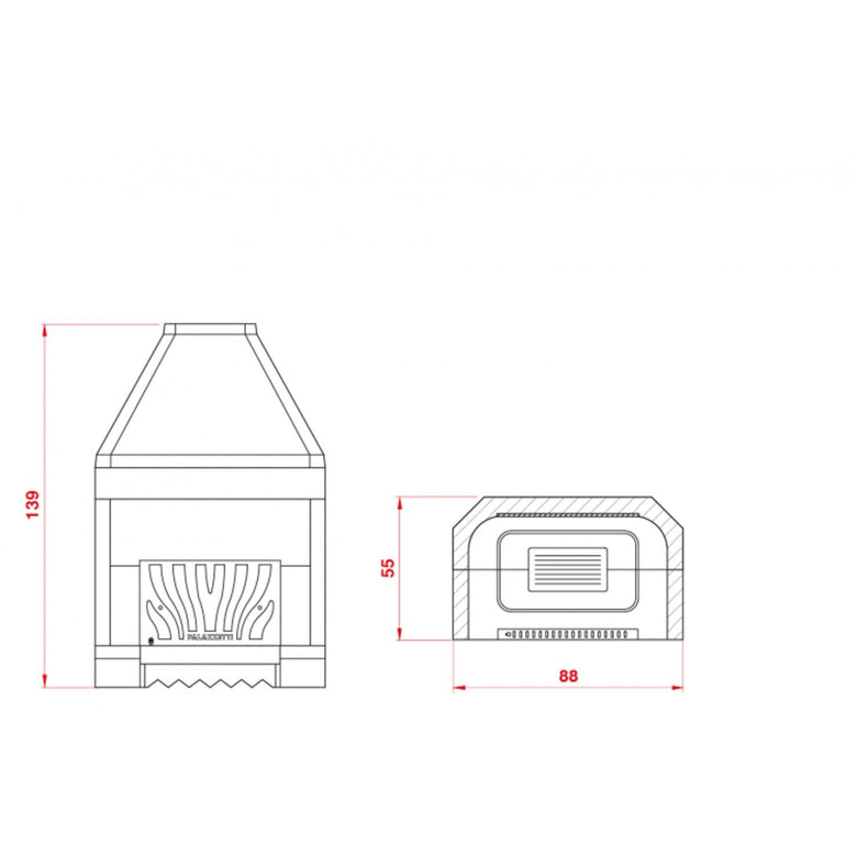 Palazzetti Patio 78 R Focolare in refrattario con cassetto Gray, vista laterale che mostra profilo e dimensioni