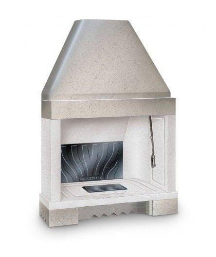 Palazzetti Patio 78 R Focolare in refrattario con cassetto Gray in ghisa accesa in soggiorno, fiamma visibile attraverso...