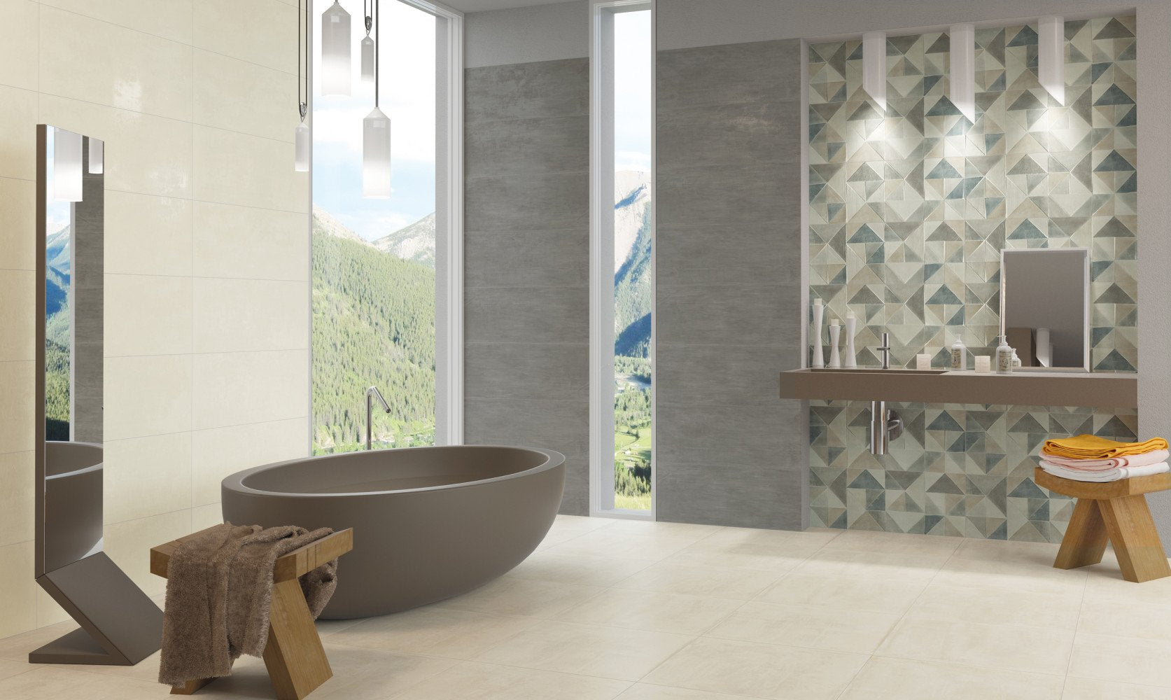 Pavimento 60x60 effetto cemento in gres fine porcellanato posata in ambiente arredato, dettaglio della venatura