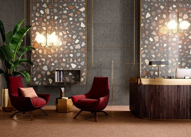 Pavimento 60x60 Effetto Graniglia Marmo Rettificato In Gres in ambientazione completa, vista d'insieme della stanza
