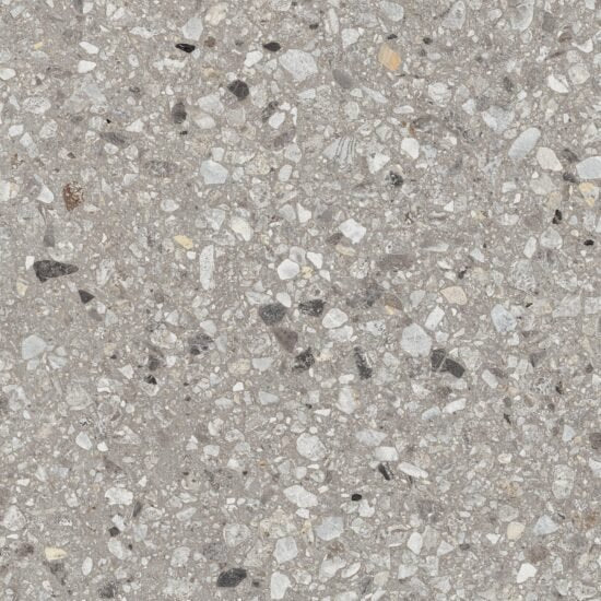 Pavimento e rivestimento 75x75 in gres porcellanato 9,5 mm Grey in rettificato, superficie e texture ravvicinata del gres