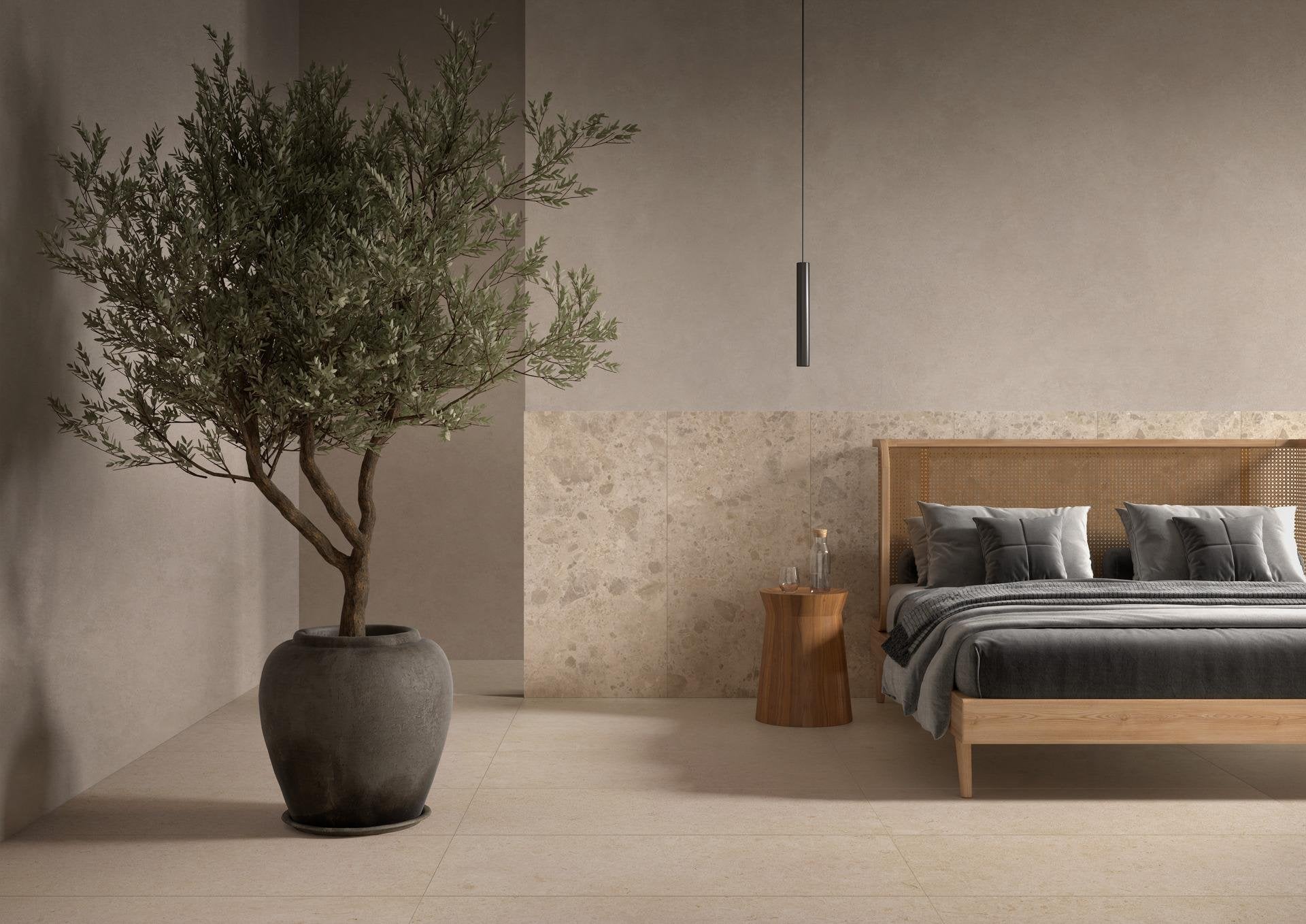 Pavimento rivestimento 100x100 sp.8,5 mm in gres Sabbia posata in ambiente arredato, dettaglio della venatura