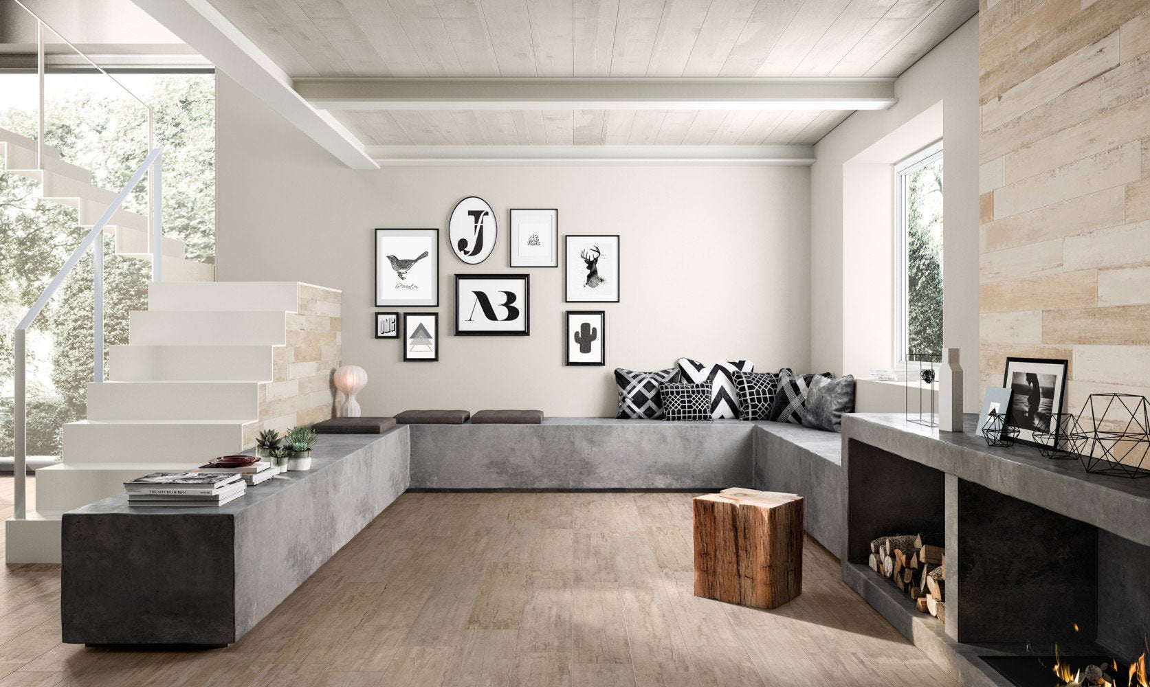 Pavimento Rivestimento 10,5X80 effetto legno in gres fine posata in ambiente arredato, dettaglio della venatura