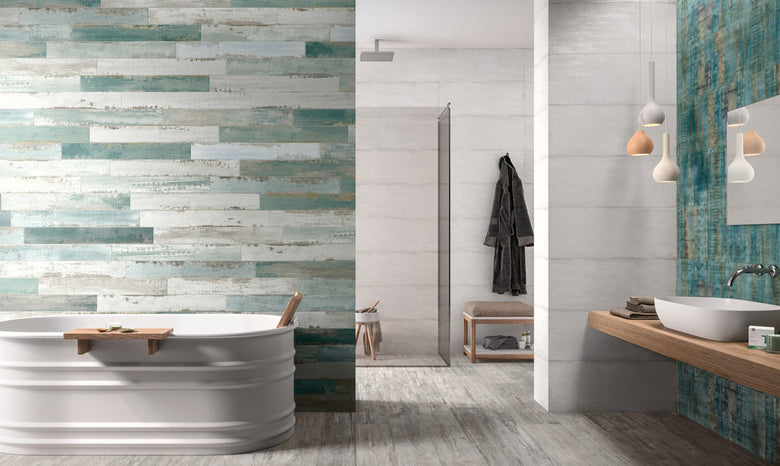 Pavimento Rivestimento 10,5X80 effetto legno in gres fine Mix posata in ambiente arredato, dettaglio della venatura