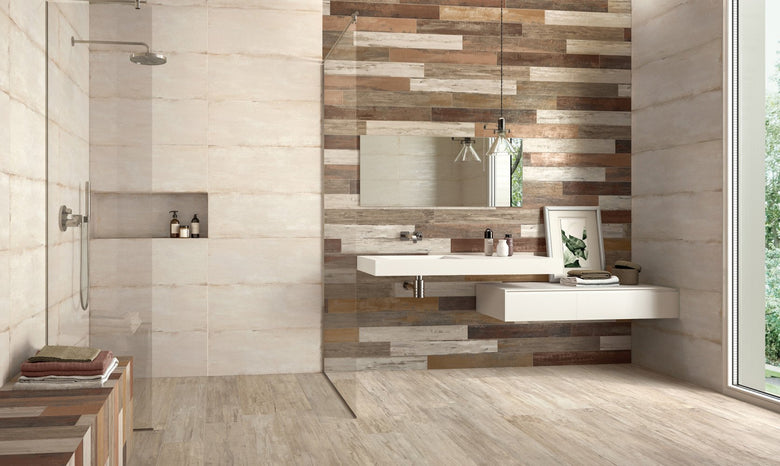 Pavimento Rivestimento 10,5X80 effetto legno in gres fine Mix posata in ambiente arredato, dettaglio della venatura