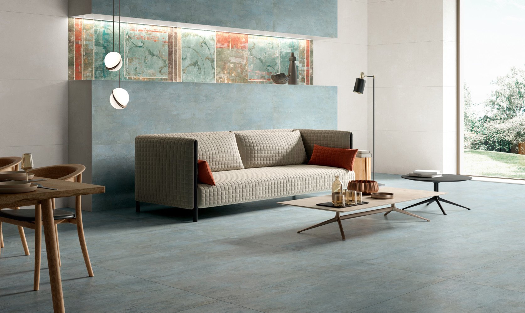 Pavimento rivestimento 30x60 rettificato 7 mm in Gres fine Blu posata in ambiente arredato, dettaglio della venatura