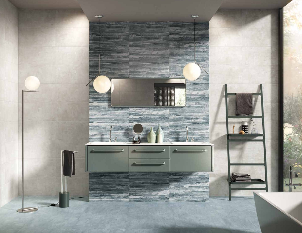 Pavimento rivestimento 30x60 rettificato 7 mm materia soft Blu posata in ambiente arredato, dettaglio della venatura