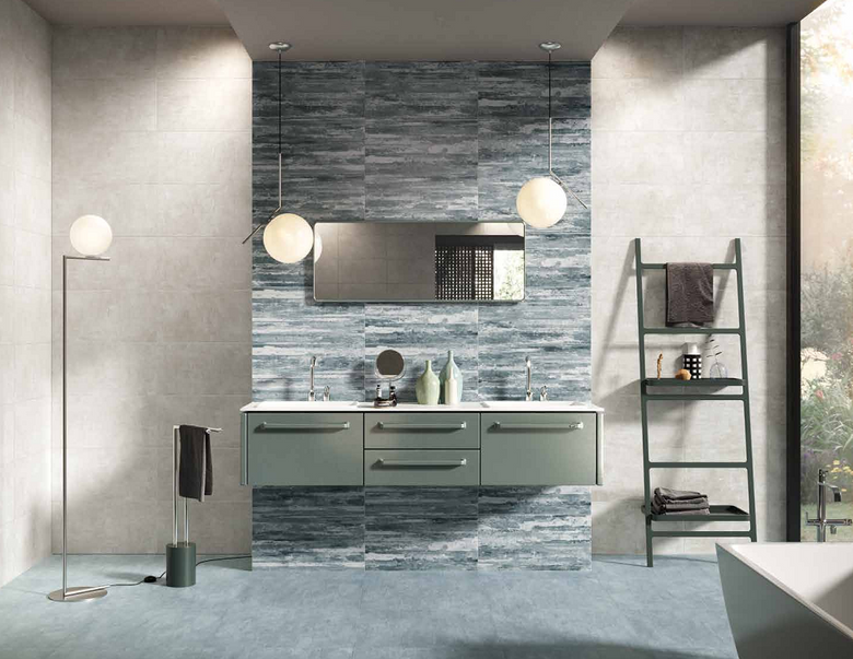 Pavimento rivestimento 30x60 rettificato 7 mm materia soft Blu posata in ambiente arredato, dettaglio della venatura