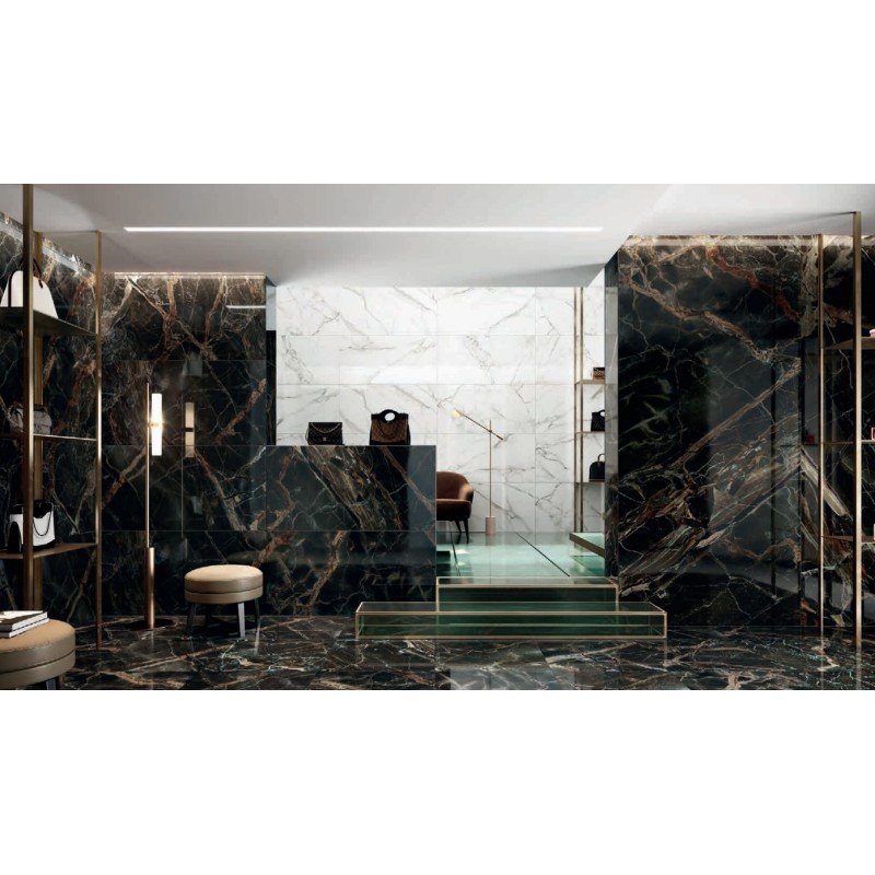 Pavimento rivestimento 60x120 effetto marmo rettificato 7 Nero posata in ambiente arredato, dettaglio della venatura